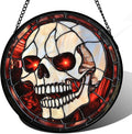 Stained Glass Window Hanging - Halloween Decorations White Skeleton Suncatcher for Doors Garden Indoor Spooky Funny Red Sun Catchers Gothic Decor Horror Gifts for Women Men Friend 9.8 in