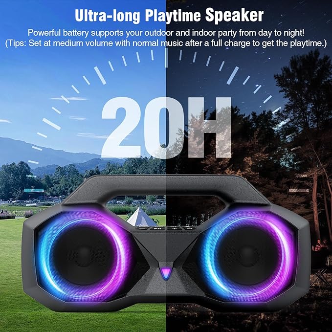 KMAG Bluetooth Speaker Wireless, 80W Loud Speaker with Deeper Bass, IPX7 Waterproof, 20H Playtime, Cool Lights, TWS, Portable Speaker for Home, Outdoor, Workshop, Party, Gift for All(Gray)