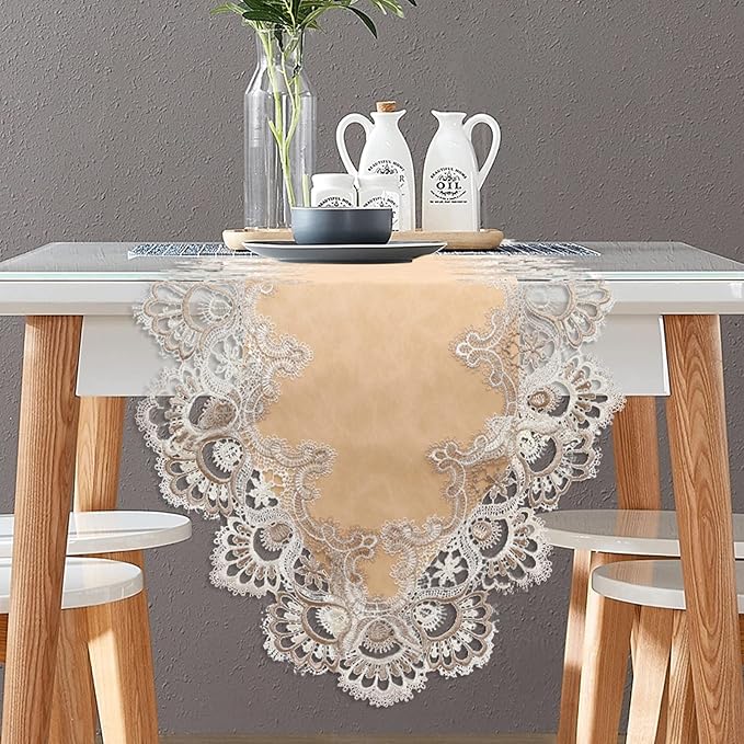 Vintage Lace Dining Table Runner, 72 Inches Macrame Coffee Table Runners for Kitchen Home Christmas Party Decorations (16x72 inch,Beige)