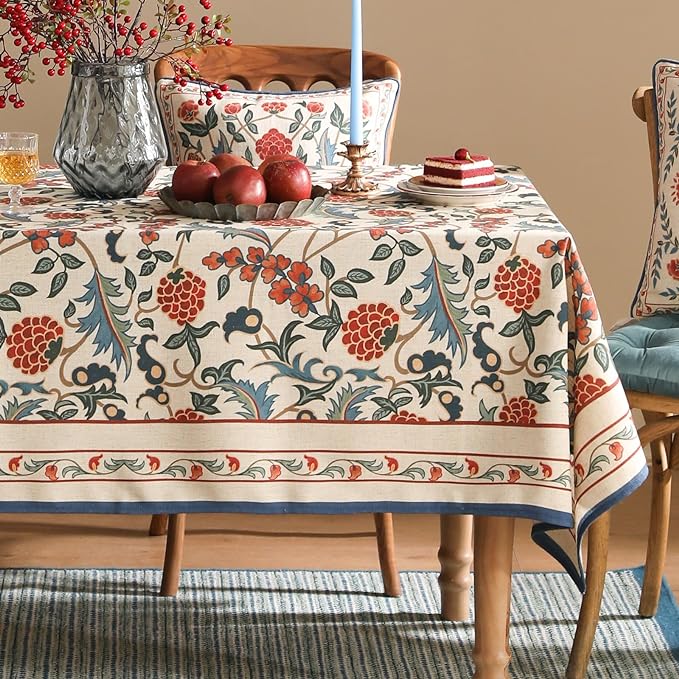 patdrea Designer Vintage Linen Long Tablecloth for Rectangle Table,French Soft Durable Floral Tablecloths,Colorful Table Cover for Kitchen Dining,Parties,Christmas,Thanksgiving,Party,63"x94"-Puno