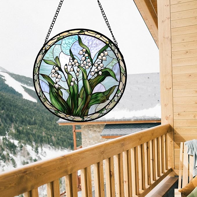 Stained Glass Window Hanging, White Green Lily of The Walley Flowers Sun Catcher for Door Home Decor Plants Suncatcher Christmas Mother's Day Birthday Gifts for Women Men Mom Nana 11.8 in