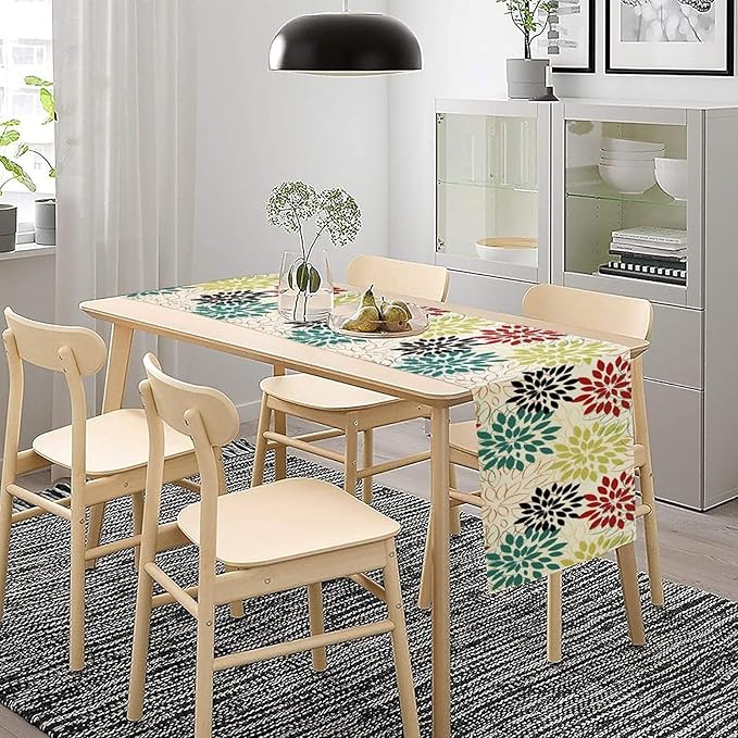 Abstract Red Dahlia Vintage Table Runner, Geometric Lines Mid Century Vintage Modern Colorful Table Runner for Party Kitchen Dining Living Room Laundry Room Decor, 13x90 Inch