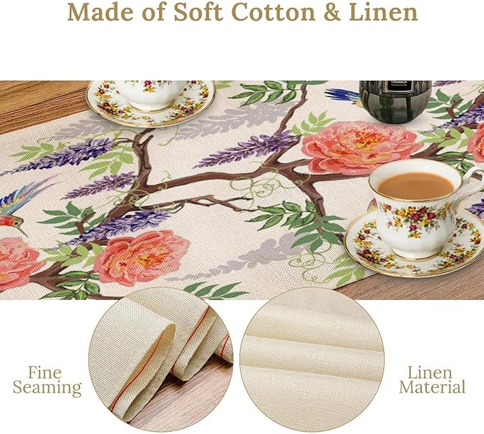 Vintage Bird Flower Table Runner Seasonal Spring Purple Wisteria Garden Plants Lavender Pink Florals Farmhouse Country Kitchen Dinner Runner Dining Table Decoration for Home Party Holiday 13"x70"