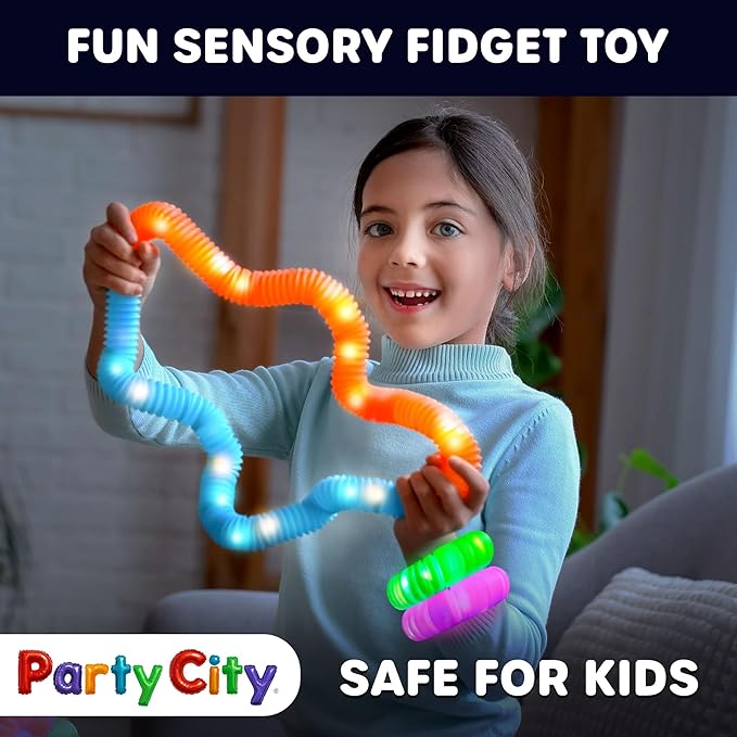 Party City 6pk LED Light Up Pop Tubes 25”- 3 Mode Stretchy Tubes LED Light Up Toys Bulk Glow Sticks Party Favors for Kids Necklaces Bracelets Neon Glow in the Dark Supplies Fidget Sensory Tube Pack