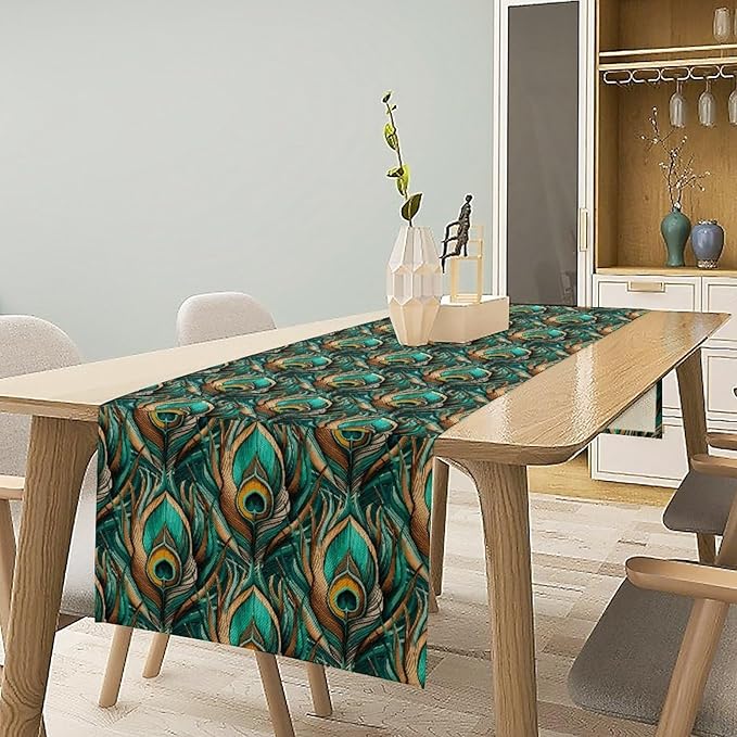 Peacock Feather Table Runner,Retro Aesthetic Green Table Runner for Home Kitchen Dining Party Indoor Outdoor Decoration 13x70 Inch