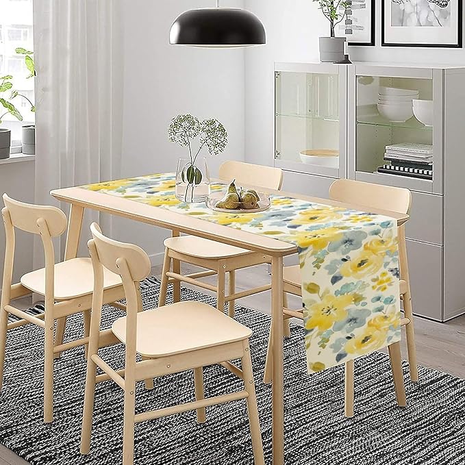 Watercolor Floral Table Runner, Seasonal Summer Yellow Flower Print Kitchen Dinning Table Runner for Indoor Outdoor Home Wedding Party Holiday, 13x36 Inch