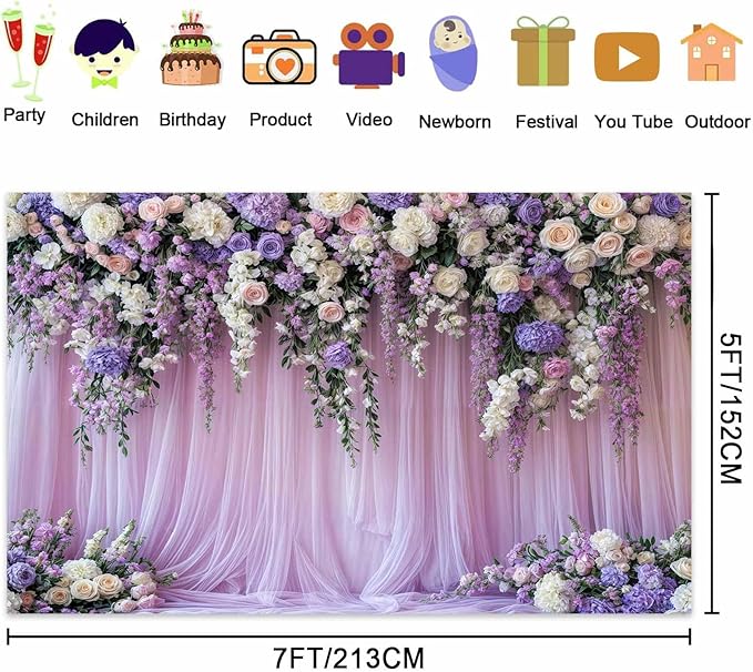 10x10ft Purple Lavender Floral Bridal Backdrop Wedding Flower Photography Backdrop for Girl Portrait Baby Shower Birthday Party Decor Banner Mother's Day Party Wall Backdrop Studio Photo Backgrounds
