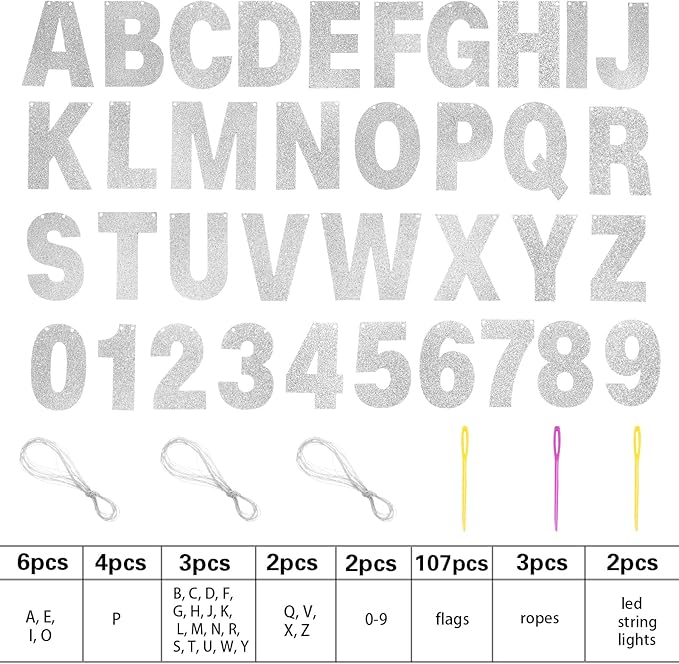 TaoBary 112 Pcs DIY Letter Kit Glitter Customizable Banner Letters Include 107 Letters and Numbers 3 Rope and 2 Needles for Birthday Halloween Christmas Wedding Valentine Party Decor(Silver)
