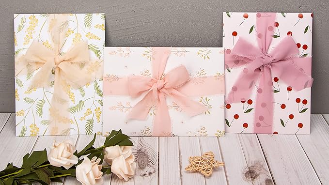 Ribbli Chiffon Silk Ribbon, 1.5 inch x 30 Yard, Champagne/Blush Pink/Dusty Rose Fringe Chiffon Ribbon for Wedding Invitations, Bridal Bouquets Wrapping, Flower Arrangement Decoration