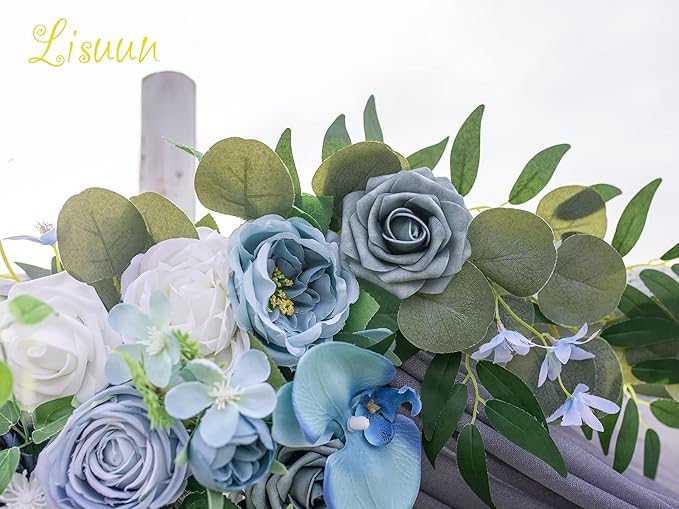 Artificial Flowers Arch Swag Set, Grey Blue Silk Roses and Orchids