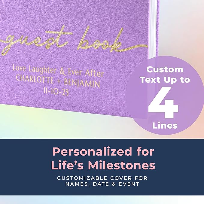 Guestbook with 110 Lined Pages, Vegan Leather Cover, Lavender Purple