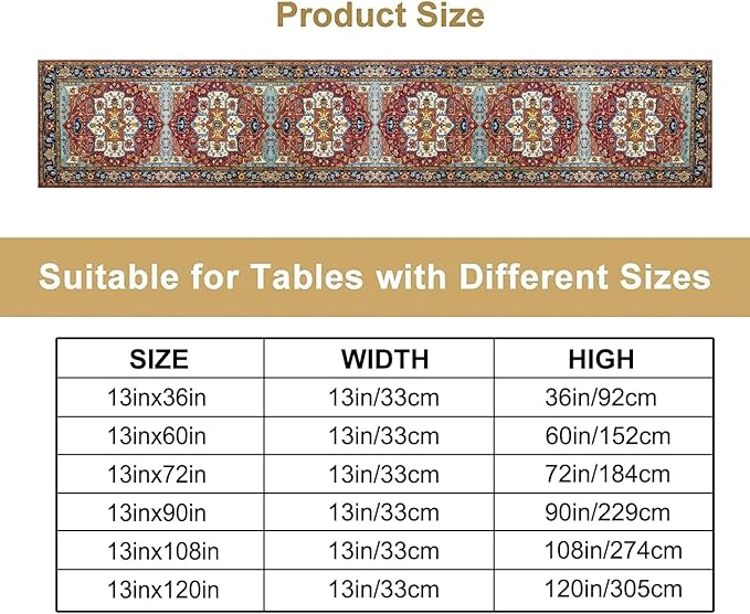 Vintage Boho Floral Table Runner, Rustic Country Farmhouse Red Blue Gold Retro Flower Pattern for Home Kitchen Table Decor Dining Coffee Room Party Decor 13x72in