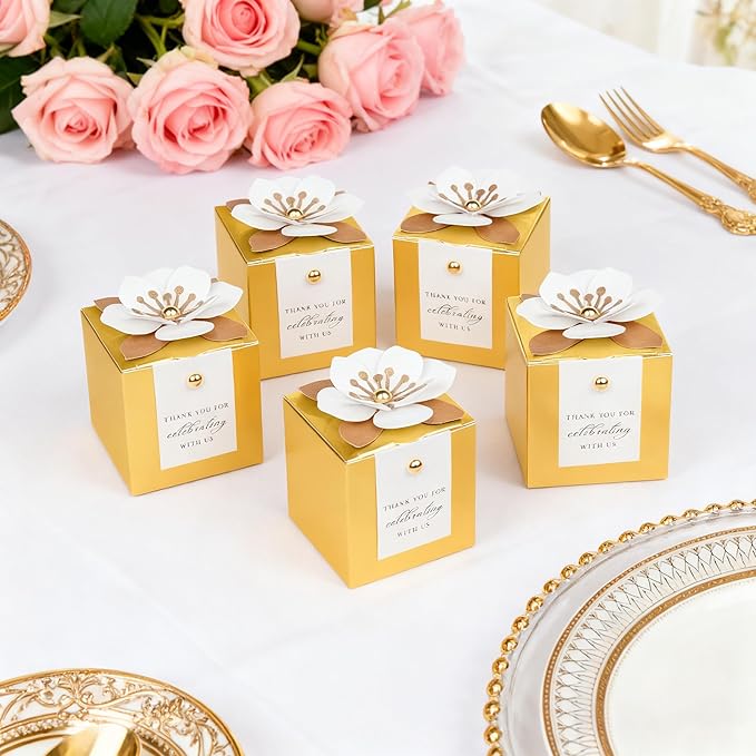 Gift Boxes, 20 Gold Candy Boxes with White Floral Decor and Thank You Tags