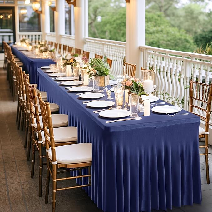 Wish Care 2 Pack Navy Blue Spandex Table Clothes for 8 Foot Rectangle Tables, 8FT Wrinkle Free Fitted Tablecloths Ruffles Design Table Cover for Party, Banquet, Wedding and Events