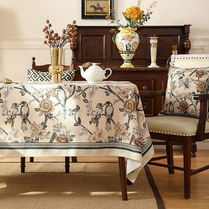Rectangular Linen-Blend Tablecloth, 55 x 87 Inch, Floral Print