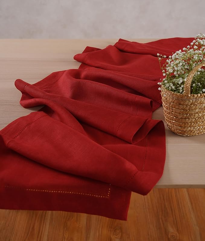 100% Pure Linen Red Table Runner 14 x 36 Inch - Small Hemstitch Christmas Table Runner - Cloth Fabric Runner for Thanksgiving, Winter, New Year - Elara