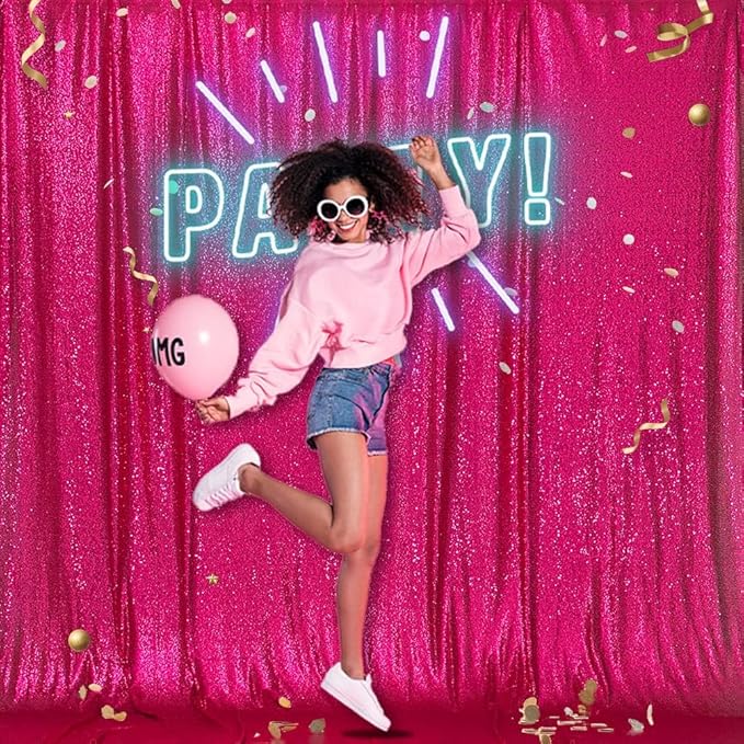 Backdrop Curtain, Hot Pink Sequin, 8 x 8 Ft Sparkly Backdrop