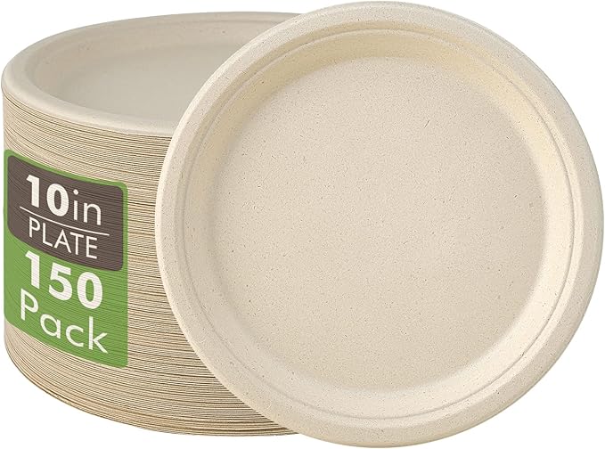Paper Plates, 150 Count 10-Inch Round Sugarcane Fiber in Natural Tone