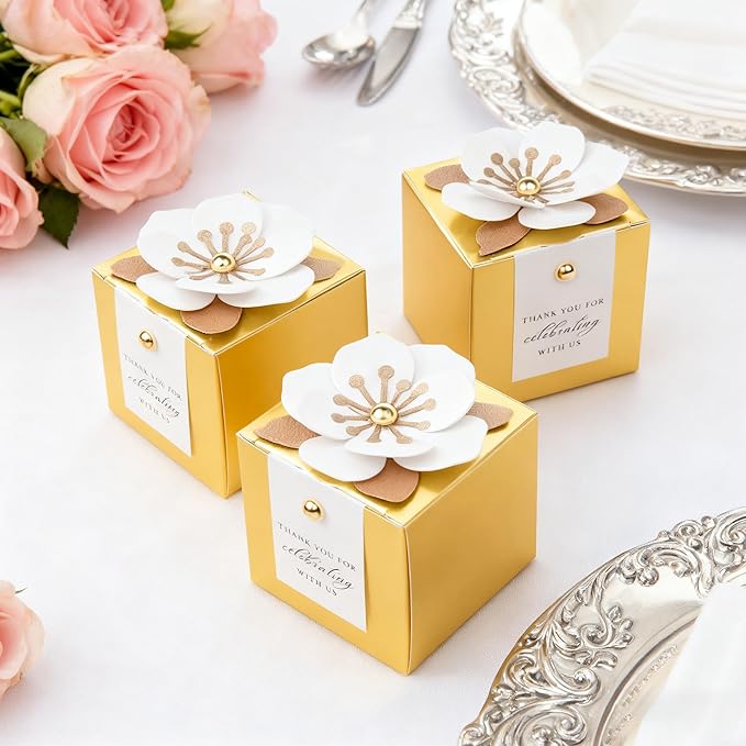Gift Boxes, 20 Gold Candy Boxes with White Floral Decor and Thank You Tags