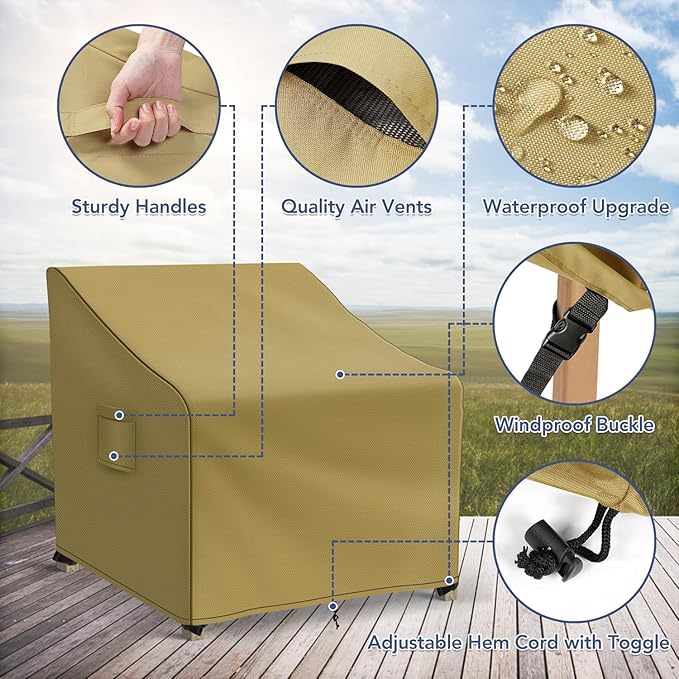 Patio Furniture Covers Waterproof for Chairs, Lawn Outdoor Chair Covers 2 Pack, Patio Chair Covers for Outdoor Furniture Fits up to 36W x 37D x 36H inches, Khaki