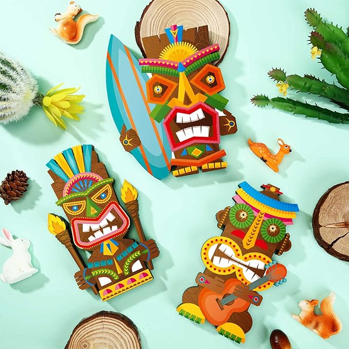Blulu 3 Pcs Tiki Party Decor Hawaiian Luau Party Decorations Tropical Aloha Wooden Bar Table Sign Colorful Farmhouse Tiki Centerpieces for Table Summer Welcome Housewarming(Classic,7.87 Inch)