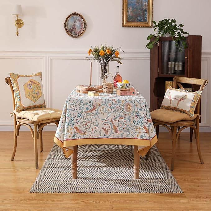 patdrea Designer Vintage Long Rectangular Tablecloth,French Floral Birds Pattern Linen Table Cloth,Yellow Decorative Cover for Kitchen Dining Banquet,Christmas,Thanksgiving,63"x102"-Magnolia