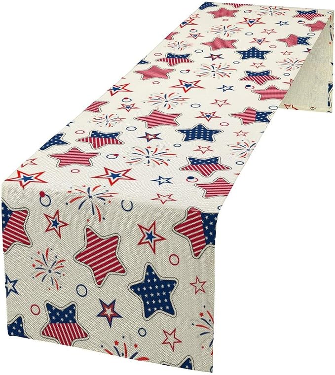 4th of July Table Runner, American Patriotic Independence Day Red Blue White Stars Stripes Fireworks Print Table Runner for Home Party Decor Kitchen Dining Table, 13x120inch