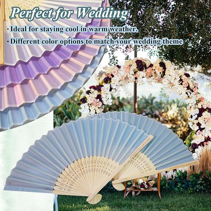 20 Pcs Personalized Light Blue Folding Hand Fans, Summer Wedding Fans, Personal Handheld Folding Fans Wedding Favors, Custom Imitated Silk-Bamboo Fans for Guests