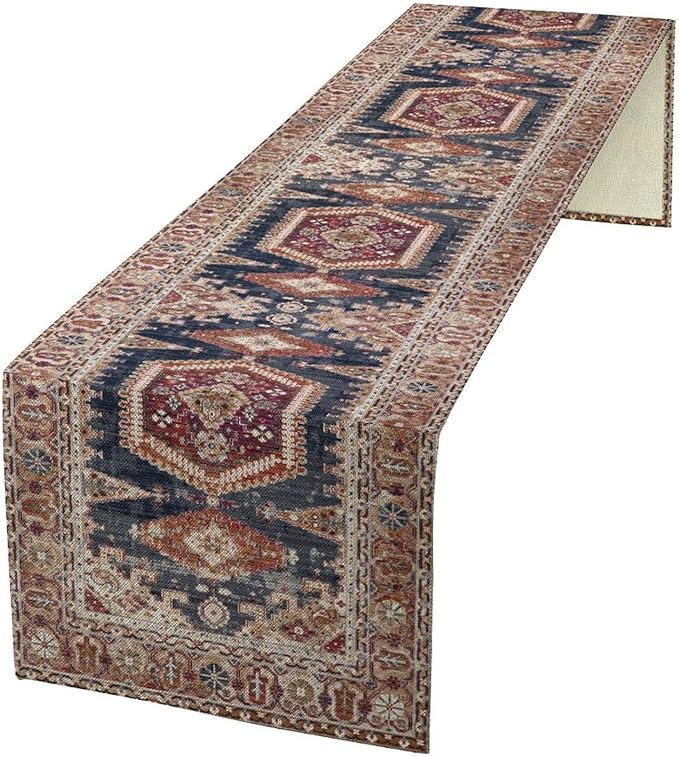 Vintage Boho Table Runner,Flower Geometric Design Rustic Farmhouse Table Runner for Home Farmhouse Kitchen Table Dining Coffee Room Garden Party Wedding Decor 13x90in