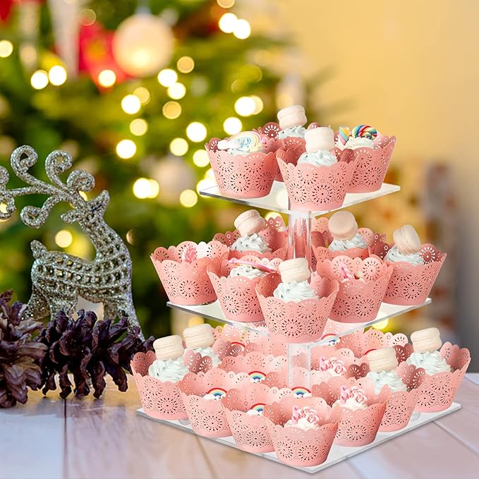 Boxalls Cupcake Stand, 3 Tier Square Acrylic Cupcake Display Stand Holder, Clear Dessert Pastry Tower for Wedding, Birthday, Theme Party, Baby Shower