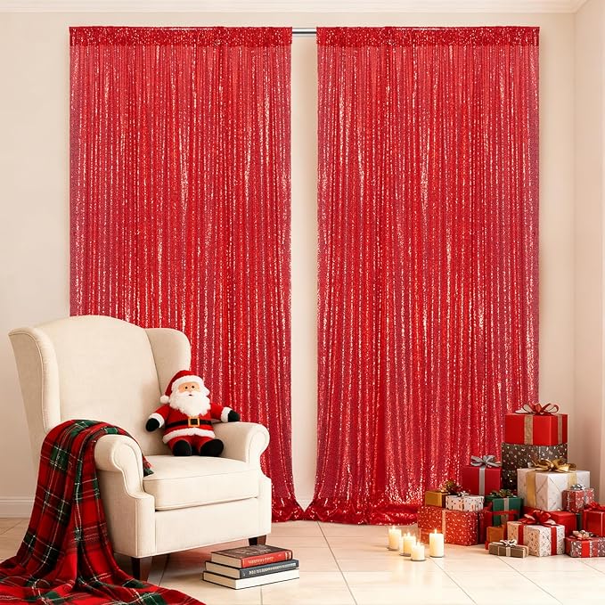 Red Sequin Backdrop Panels, Set of 2, 5 x 10 Ft Glitter Curtains