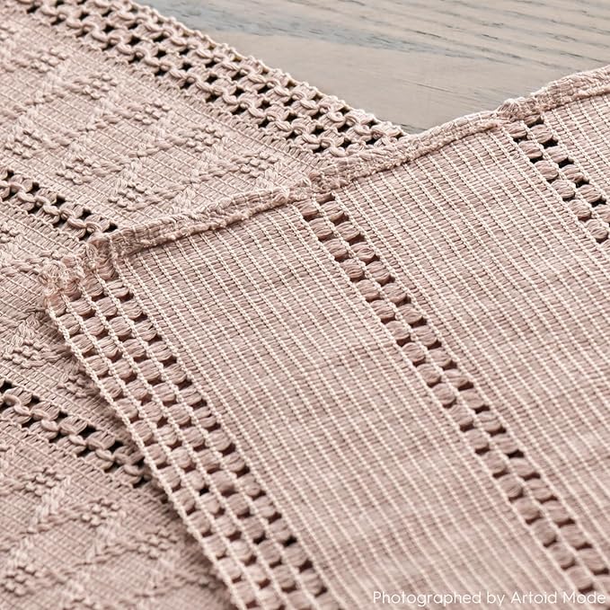 Artoid Mode Pink Farmhouse Woven Rustic Hollow Table Runner, Seasonal Holiday Hollow Kitchen Dining Table Decoration for Home Party Decor 12x120 Inch