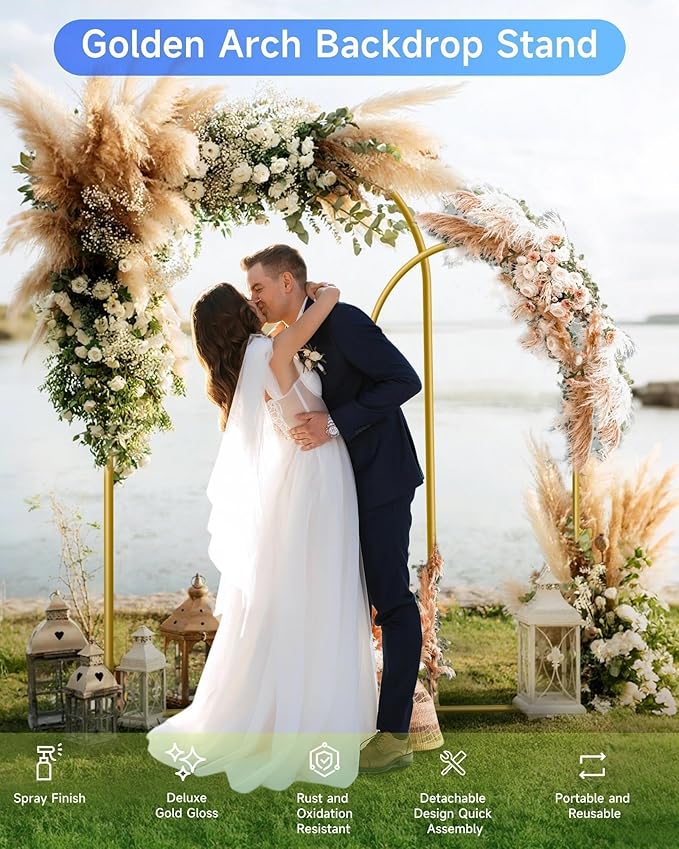 Arch Backdrop Stand Set, Gold Metal, 7.2ft and 6ft Heights