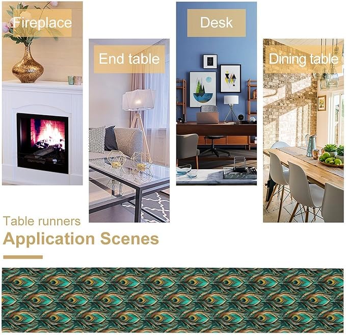 Peacock Feather Table Runner,Retro Aesthetic Green Table Runner for Home Kitchen Dining Party Indoor Outdoor Decoration 13x36 Inch