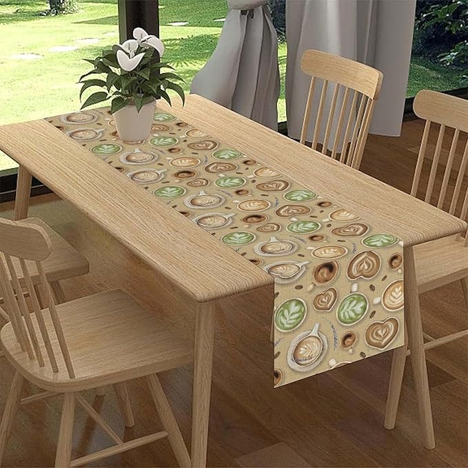 Coffee Theme Table Runner, Farmhouse Retro Brown Coffee Cup Tea Party Rustic Cafe Table Center Decor for Home Kitchen Dining Patio Holiday Party Indoor Outdoor Table Decorations,13"x72" Inch
