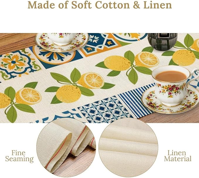 Lemon Table Runner,Watercolor Blue Fruits Green Leaves Print Table Cloth Kitchen Dining Table Home Party Decoration 13x90 Inch
