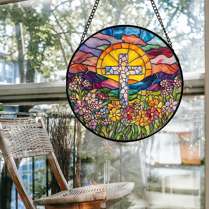 Stained Glass Window Hanging - Cross Flower Sea Sun Catcher for Door Terrace Garden Home Decor, Mountains Landscape Suncatcher Birthday Gifts for Lovers Women Men Dad Mom Nana 6.3 in
