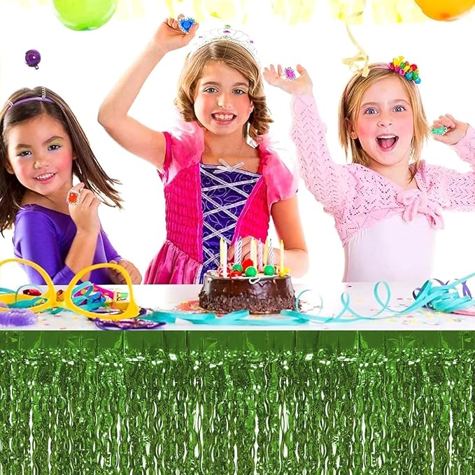 4P Wavy Metallic Tinsel Foil Fringe Table Skirts for Rectangle Tables Backdrop Garland Curtains for Parade Floats Wedding Birthday Parties Decoration Graduation 2025 Christmas (Light Green)