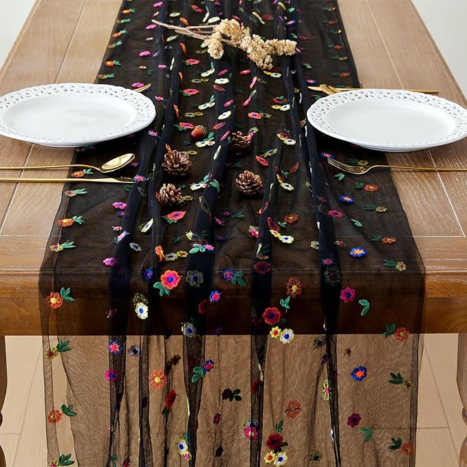 JIALE Black Floral Table Runner, Embroidery Daisy Seasonal Table Decorations, 120Inch 10FT Tulle Fabric for Home Decor, Bridal Shower Wedding, Baby Shower Parties, DIY Craft
