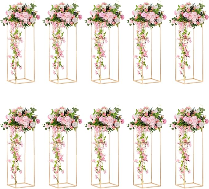Gold Metal Flower Vase Stand, 31.5-Inch Square Centerpiece Holder