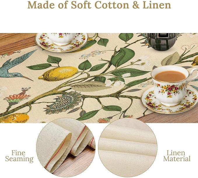 Table Runner with Flowers and Birds, Spring Plant Flowers Table Decoration Linen Table Runner Family Party Party Decorations 13x90 Inches