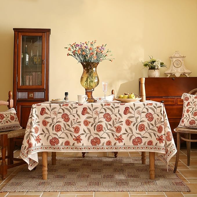 Rectangular Tablecloth 55x71 Inch Linen Blend Hand-Painted Floral Orange