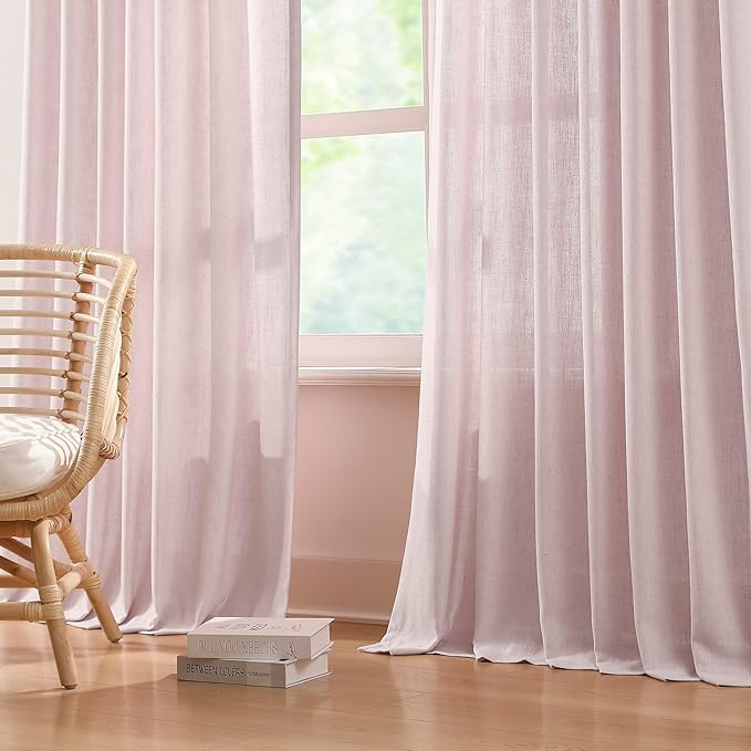Vision Home Light Pink Pinch Pleated Semi Sheer Curtains Textured Linen Blended Light Filtering Window Curtains 112 inch for Living Room Bedroom Patio Pinch Pleat Drapes with Hooks 1 Panel 60"Wx112"L