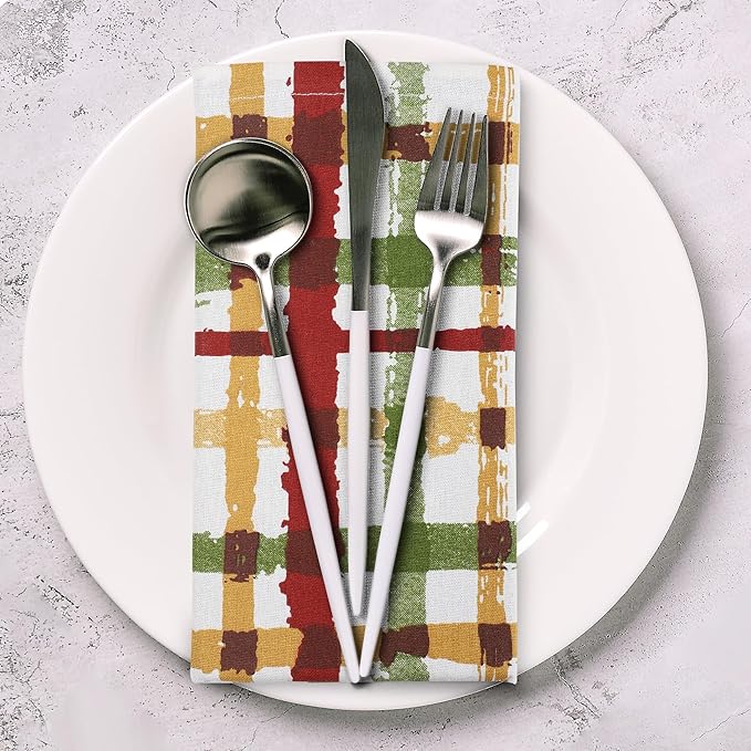 Cloth Napkins Set, Fall Plaid Cotton Dinner Napkins, 20x20 Inch Rectangular
