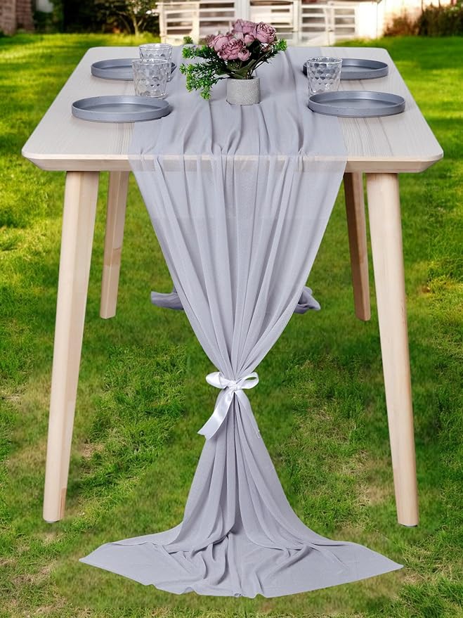 MDS 5 Pack 10ft Chiffon Table Runner 29 x 120 Inches Sheer Wedding Runner Romantic Rustic Table Runner for Wedding Decorations, Birthday Parties, Bridal Shower Party Arch Decor - Cool Gray