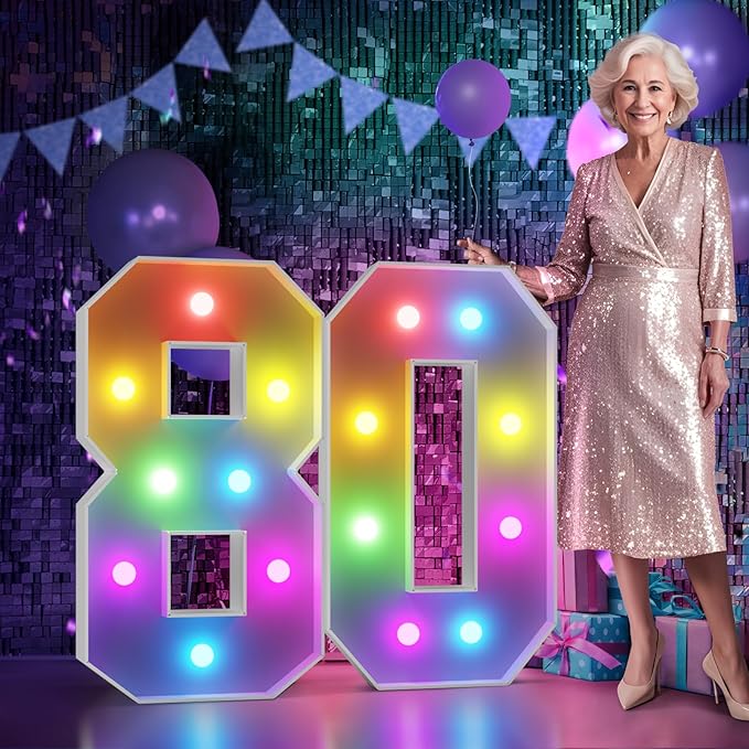 Decorations: 80th Birthday Marquee Number Sign, 3FT Colorful Light Up
