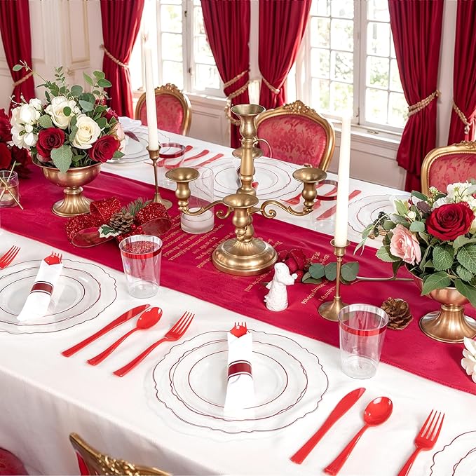 Red Plastic Disposable Spoon, Fork and Knife Set with Napkins, 400 Pieces