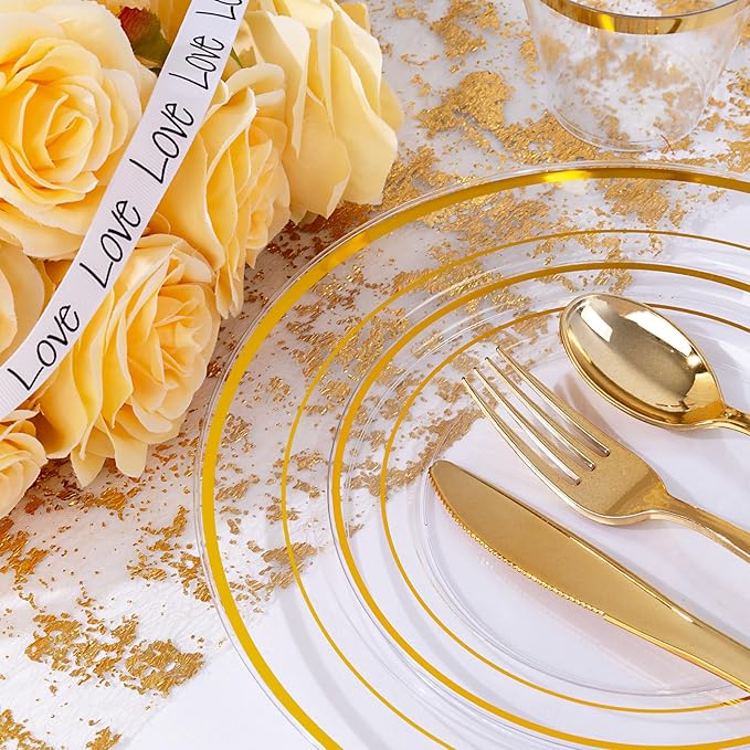 Plastic Plates Set, Clear Gold with Gold Trim, 300 Pieces