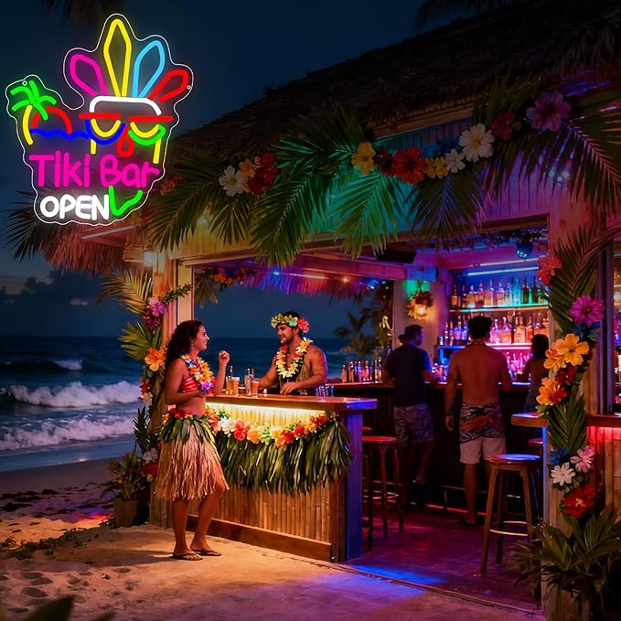 Tiki Bar Neon Sign, Tiki Bar Open Led Neon Light Signs for Wall Decor Hawaii Tropical Luau Aloha Party Outdoor Decorations for Pub Bistro Night Club Home Man Cave Dimmable USB Powered(13.8" × 12.2")