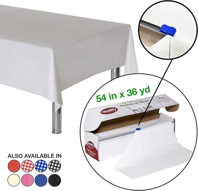 Plastic Table Cover Roll, 54-Inch Wide, White, Slide Cutter